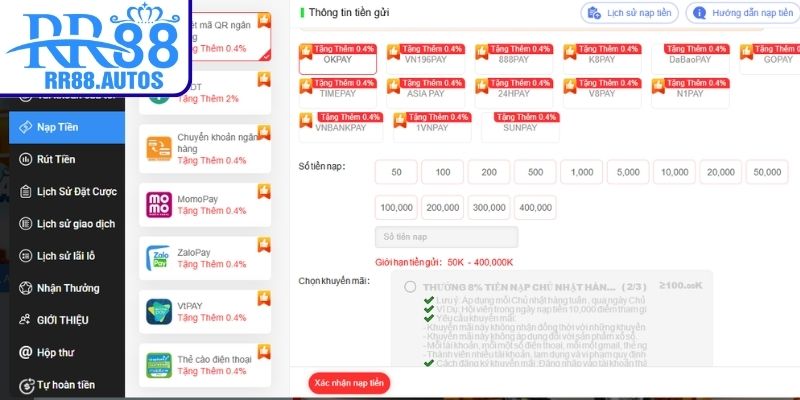 Chọn phương thức nạp tiền RR88